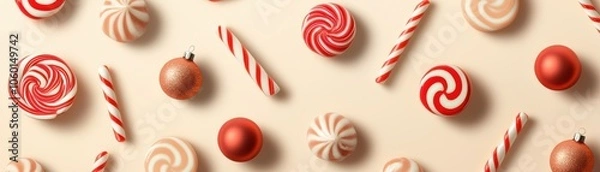 Fototapeta Pattern of Christmas lollipops, peppermint candies, and festive ornaments, creating a colorful background for a holiday poster