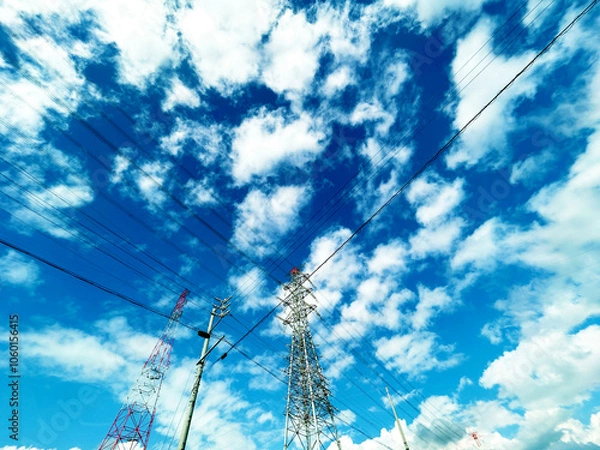 Obraz 送電線と電柱と青空