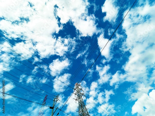 Obraz 送電線と爽やかな青空