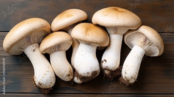 Fototapeta Close-up of a group of fresh white mushrooms with brown caps resting on a wooden surface, showing detailed gills and stems with soil