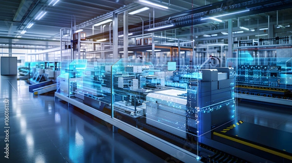 Fototapeta Industry 4.0 smart factory interior showcases IIoT machines, efficient workstations, and automated production lines, optimizing the manufacturing process for improved performance