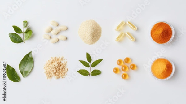 Fototapeta Natural supplements and ingredients arranged aesthetically on white background, showcasing various forms like powders, capsules, and leaves, evoking sense of health and wellness