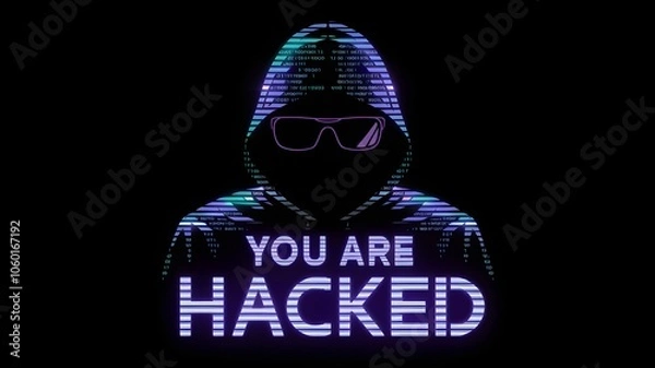 Obraz A mysterious hooded figure with sunglasses created from digital code elements against a black background, featuring neon purple and blue colors with "YOU ARE HACKED" text message below. AI generated