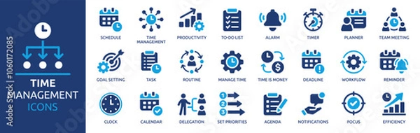 Fototapeta Time management icon set. Containing schedule, to-do list, task, manage time, planner, calendar, delegation, reminder, timer, set priorities and more. Solid vector icons collection.
