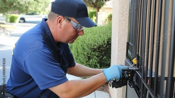 Fototapeta A technician is installing or repairing a gate lock while wearing protective gear.