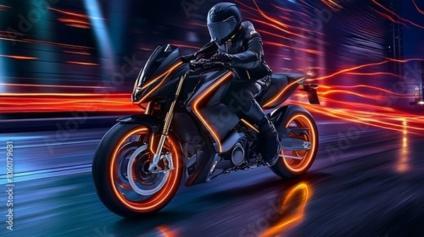 Fototapeta An ultra modern motorcycle showcasing dynamic motion as it speeds through a neon lit cityscape, the glowing accents adding a futuristic touch to the sleek and stylish design.