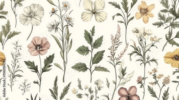 Fototapeta Vintage botanical illustrations create a seamless pattern background.