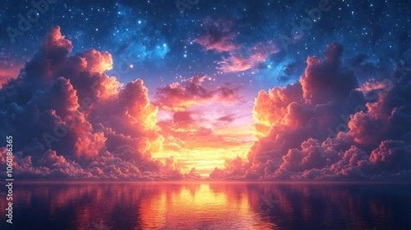 Fototapeta Vibrant sunset over calm waters with colorful clouds and stars.