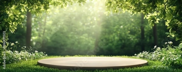 Fototapeta A serene forest scene with soft sunlight filtering through trees, illuminating a wooden platform surrounded by lush greenery and flowers.