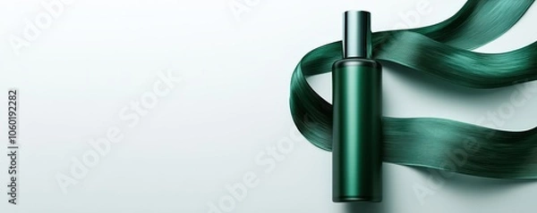 Fototapeta A sleek green perfume bottle rests beside a flowing green ribbon on a minimalistic background.