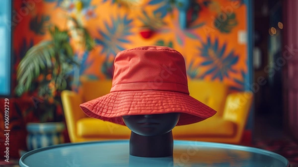 Fototapeta Bright Red Carhartt 101223 Bucket Hat on Vintage Mannequin in Retro Studio