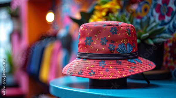 Fototapeta Bright Red Carhartt 101223 Bucket Hat on Vintage Mannequin in Retro Studio