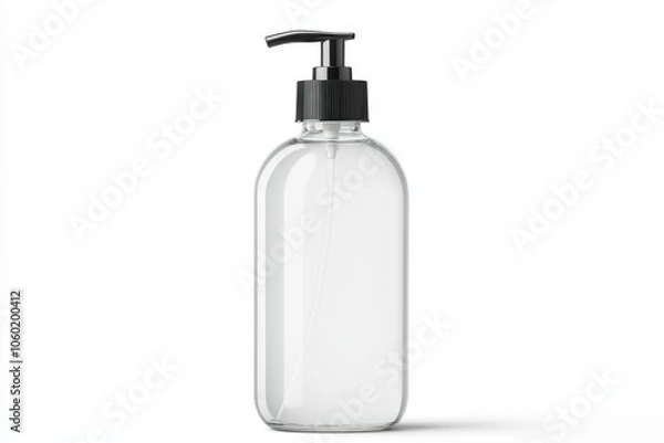 Fototapeta A sleek, transparent pump bottle with a black dispenser, perfect for storing liquids like lotion, soap, or shampoo.