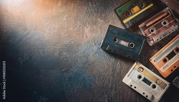 Obraz Cassette tapes are lined up on the floor top view banner