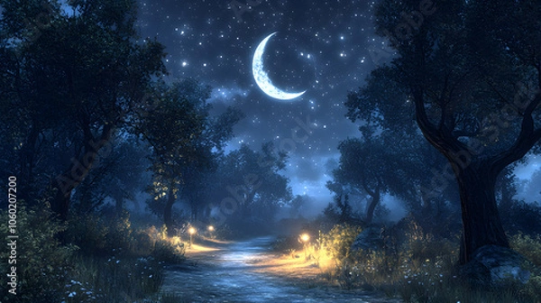 Fototapeta A Breathtaking Ineffable Night Sky Filled with Stars and a Gentle Moonlight Casting Over a Serene Forest