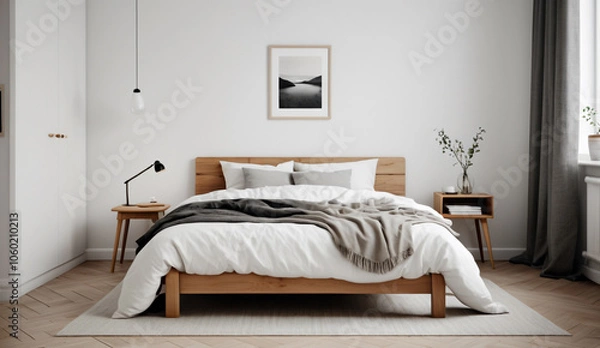 Obraz A small Scandinavian bedroom with a wooden bed frame, white bedding and a simple nightstand, soothing tones