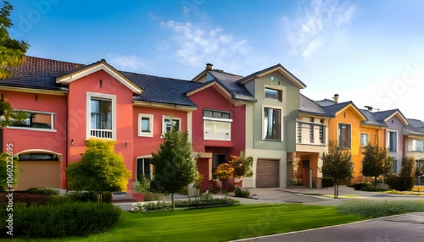 Fototapeta Colorful stucco finish traditional private townhouses. Residential architecture exterior