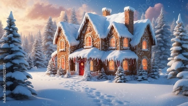 Obraz Magiczny domek z piernika w zimowej scenerii