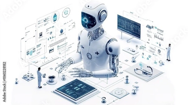 Obraz AI system providing medical recommendations to a healthcare professional, set on a clean white background, symbolizing the role of AI in patient care