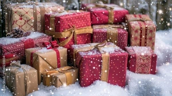 Obraz Decorative christmas tree made of red wrapped gifts for holiday celebrations and festivities