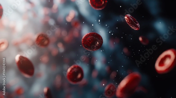 Fototapeta Red blood cells flowing in a dynamic manner through the bloodstream under a soft light background