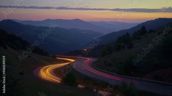 Fototapeta The striking contrast between the stillness of the mountains and the lively light trails of cars on a winding road.