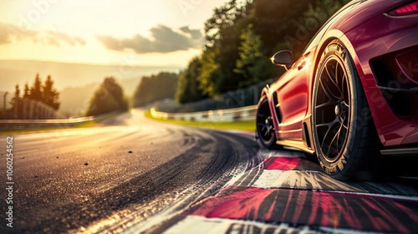 Fototapeta Close-up of a sports car on a race track, highlighting the car's speed and the details of the track surface.