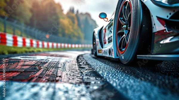 Fototapeta Close-up of a sports car on a race track, highlighting the car's speed and the details of the track surface.