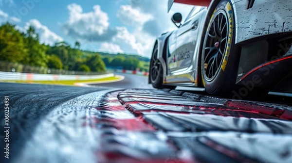 Fototapeta Close-up of a sports car on a race track, highlighting the car's speed and the details of the track surface.