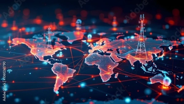 Fototapeta Digital Global Network Infrastructure: Telecommunication Towers and Worldwide Data Connections on Futuristic World Map
