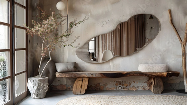 Fototapeta Organic shaped asymmetrical mirror with a wooden frame on the wall in front of the bench, wabi sabi interior design