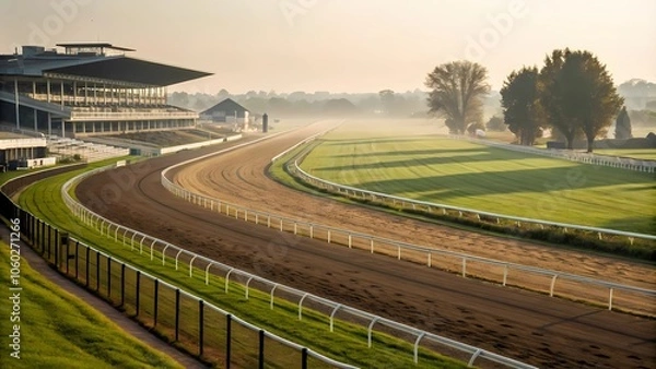 Fototapeta An Empty Horse Racing Track in the Early Morning, Framed by Vibrant Greenery and Bathed in Gentle Sunlight