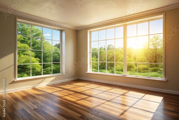 Fototapeta Sunlit minimalist room with panoramic forest view and warm sunset glow