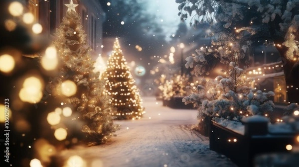 Obraz A magical winter evening with glistening Christmas trees illuminated by soft golden lights in a snowy garden setting