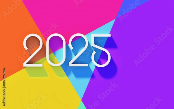Fototapeta Happy new year 2025 design element idea with creative simple, modern concept; white 2025 on colorful geometric ornament background, 3d rendering, 3d illustration