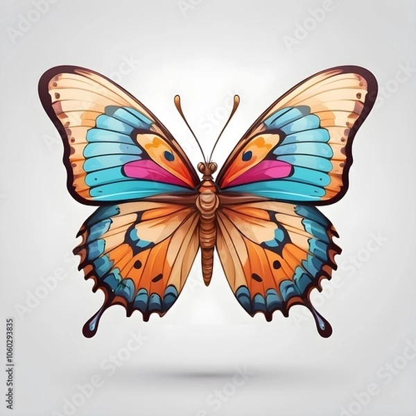 Fototapeta Closeup top view portrait of a colorful butterfly in drawing clipart style with white background