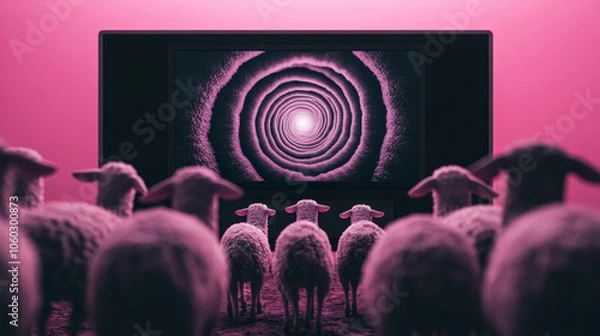 Fototapeta A group of sheep are watching a hypnotic spiral pattern on television, symbolizing the blinding effect of media manipulation on people.	