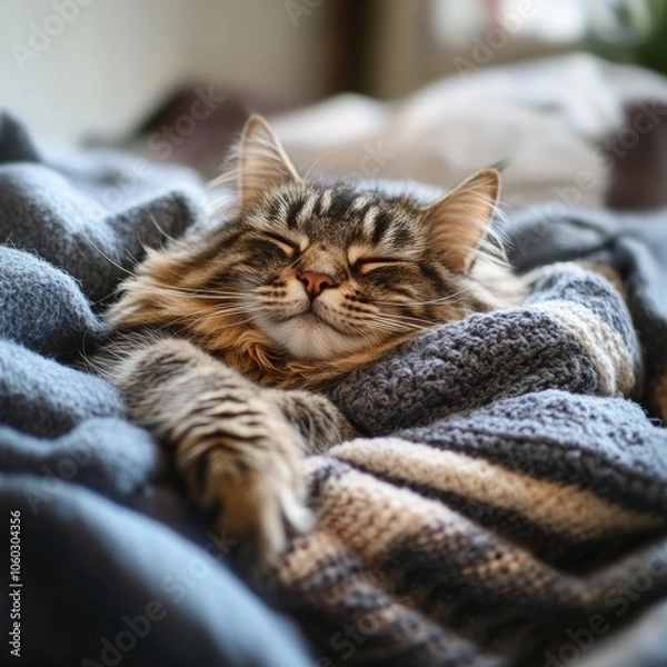 Fototapeta A fluffy cat lying on a pile of laundry, looking cozy and content