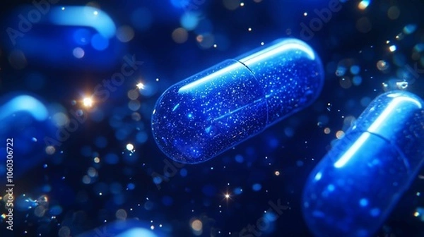 Fototapeta A mesmerizing scene featuring floating blue capsules surrounded by sparkling effects. The dreamy ambiance creates a surreal atmosphere, perfect for backgrounds, wellness, and science-related conc
