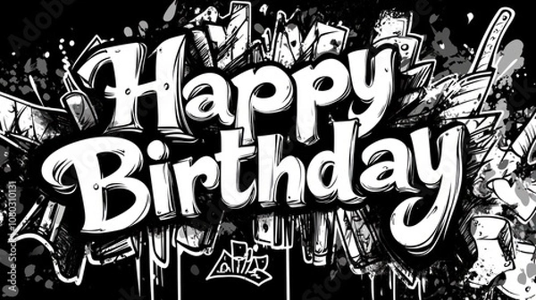 Fototapeta A graffiti-style "Happy Birthday" message on a black background.
