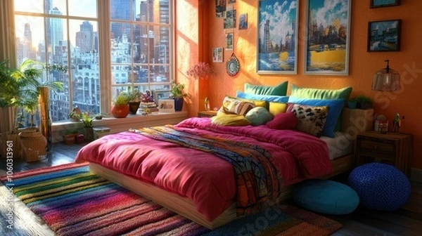 Fototapeta Bedroom with vibrant decor, expansive windows, cozy furnishings, city view, stylish 3D render.