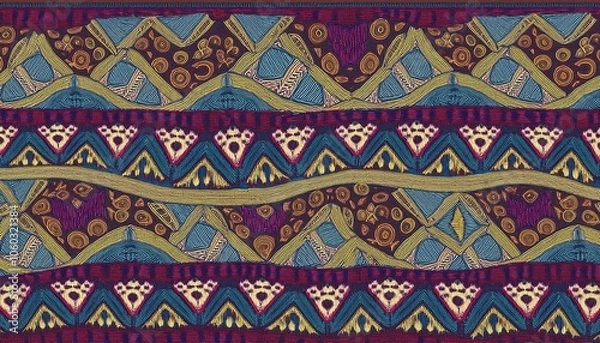 Fototapeta Vibrant Tribal Textile Pattern: Seamless earthy tones and geometric designs.  A rich tapestry of cultural motifs