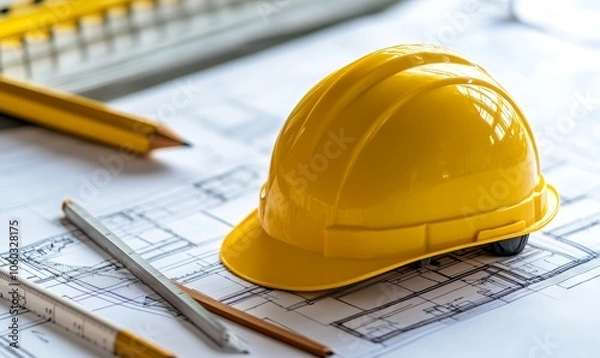 Fototapeta A bright yellow construction helmet is placed on a set of architectural blueprints, accompanied by a pencil and ruler, indicating preparation for a building project