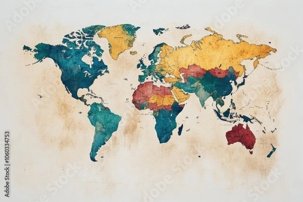 Fototapeta Colorful world map showing all continents and countries