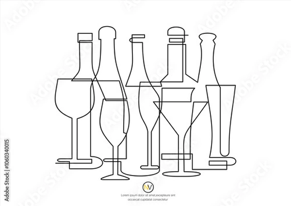 Fototapeta Continuous one line alcohol drinks. Minimalist alcohol bottles and glasses, bar beverages isolated vector illustration set of contour liquid bottle beverage draw alcohol