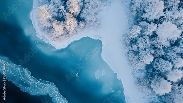 Fototapeta Aerial View of a Frozen Lake in Winter