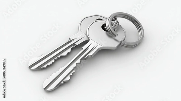 Fototapeta Crisp 3D render of a set of keys featuring a detailed keychain, captured with sharp, clear details. The keys and keychain are centered on a white background