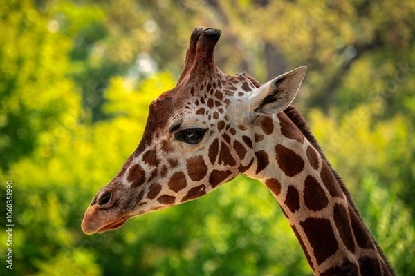 Fototapeta Closeup side portrait of a giraffe's head with a lush, sunny blurred background