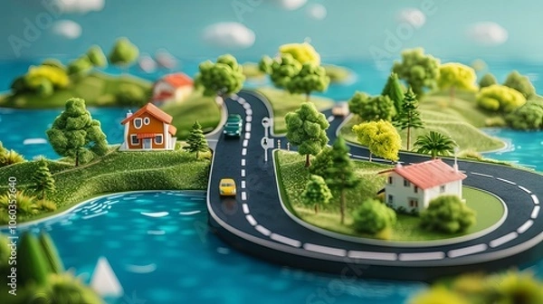 Obraz A miniature model of a town with winding roads and colorful houses nestled among lush greenery.