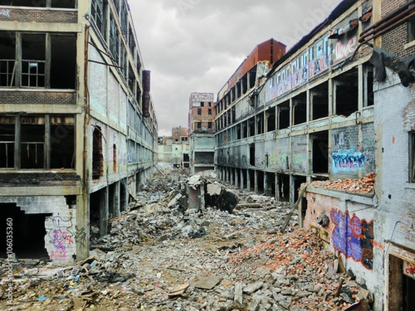 Obraz Detroit abandoned factory warehouse crumbling into apocalypse - landscape color photo